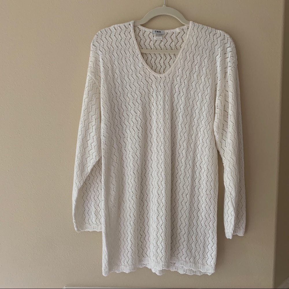 T.W.H. Ivory White Crochet Knit Tunic Sweater Boho